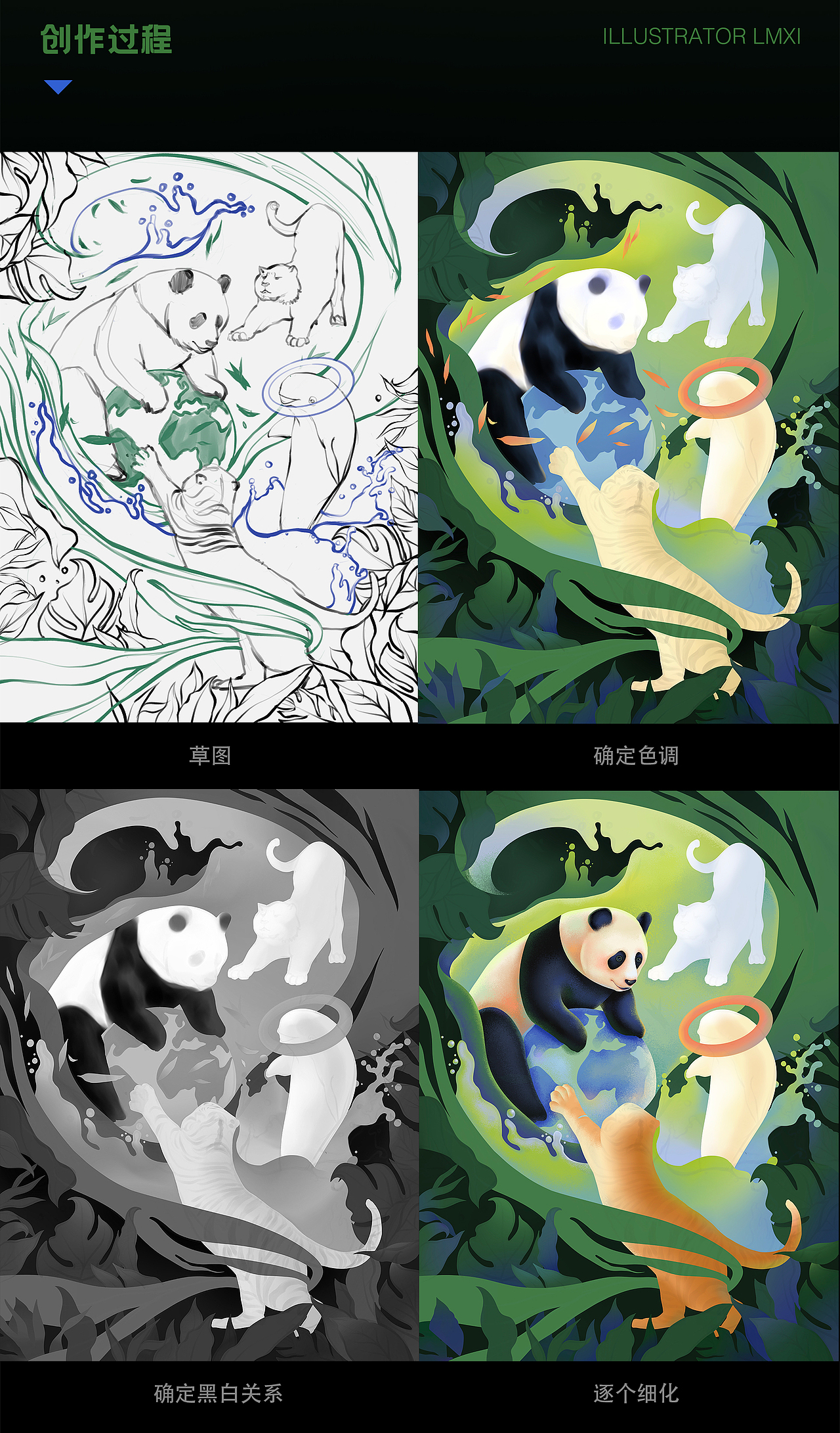 保护动物主题插画《熊猫和它的朋友们》