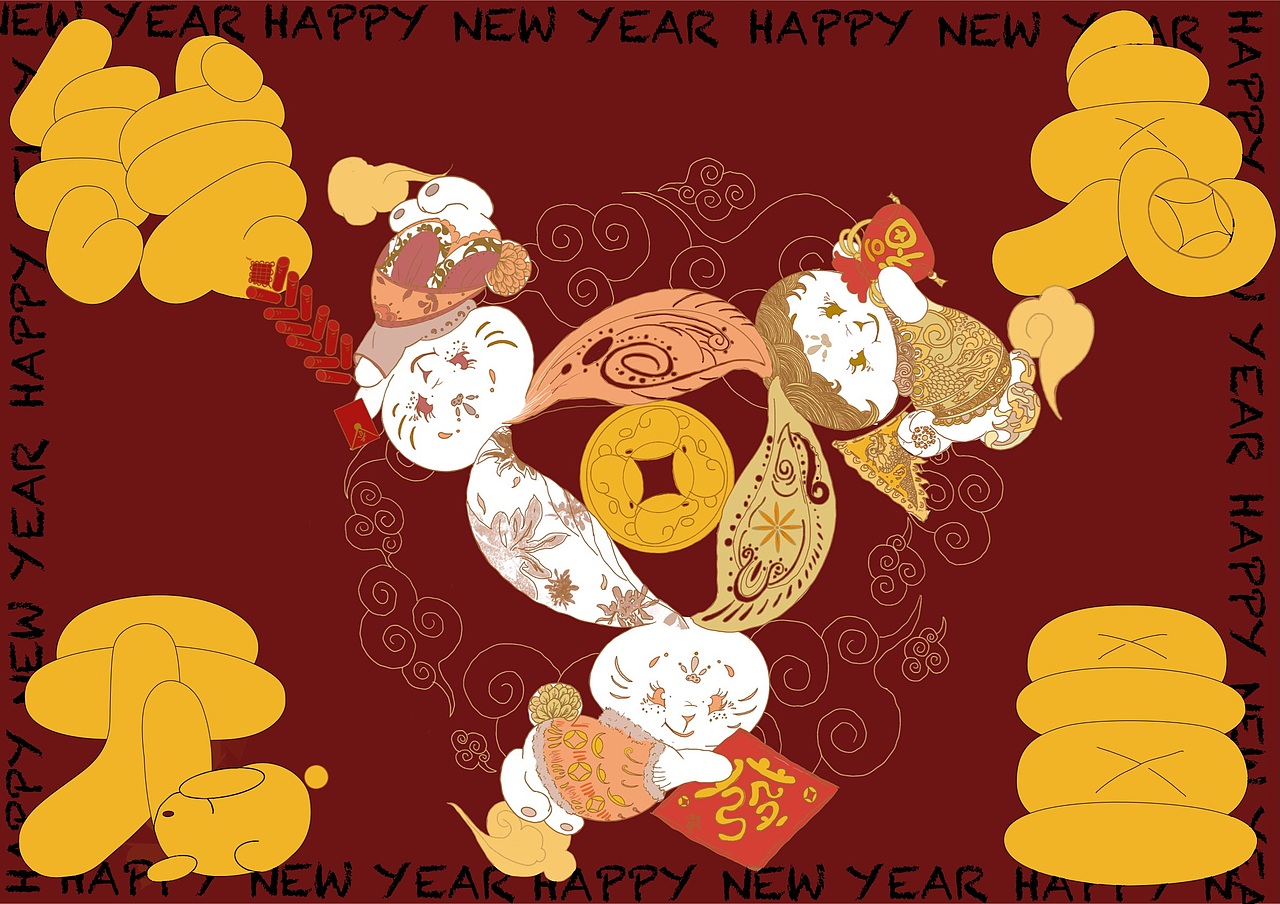 平面设计*钱兔无量-三兔共耳贺新春（图ZMzIyNTU4Nzc2） - 艺术插画 - 站酷设计师香菜ccodk原创素材 - 站酷ZCOOL