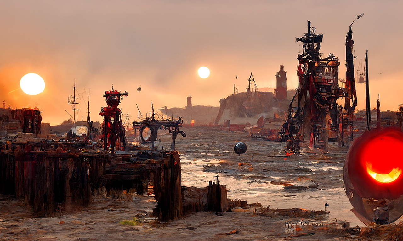 旧港,黄昏,巫师机器人,巨大的红色太阳在海平面