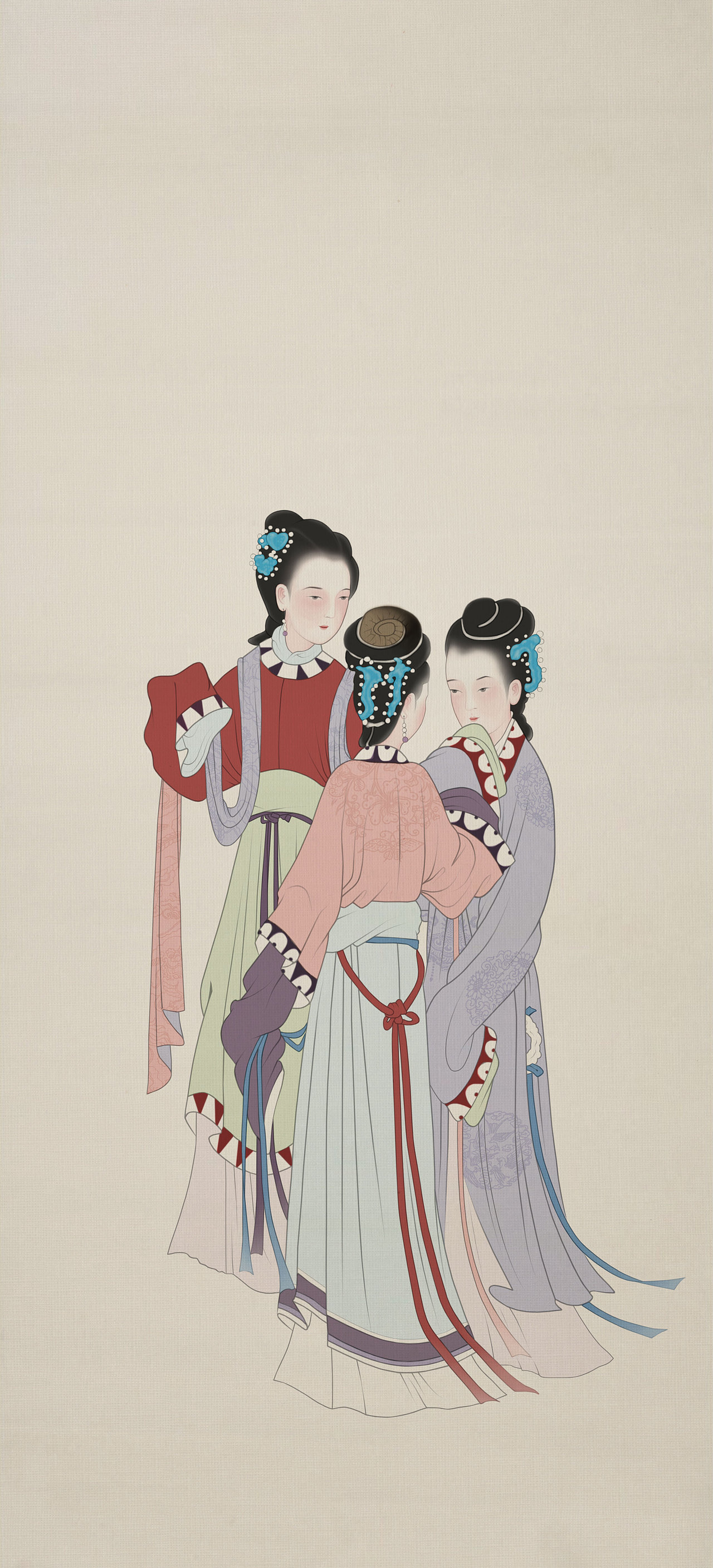 仿古工笔画仕女图《美人游春图》