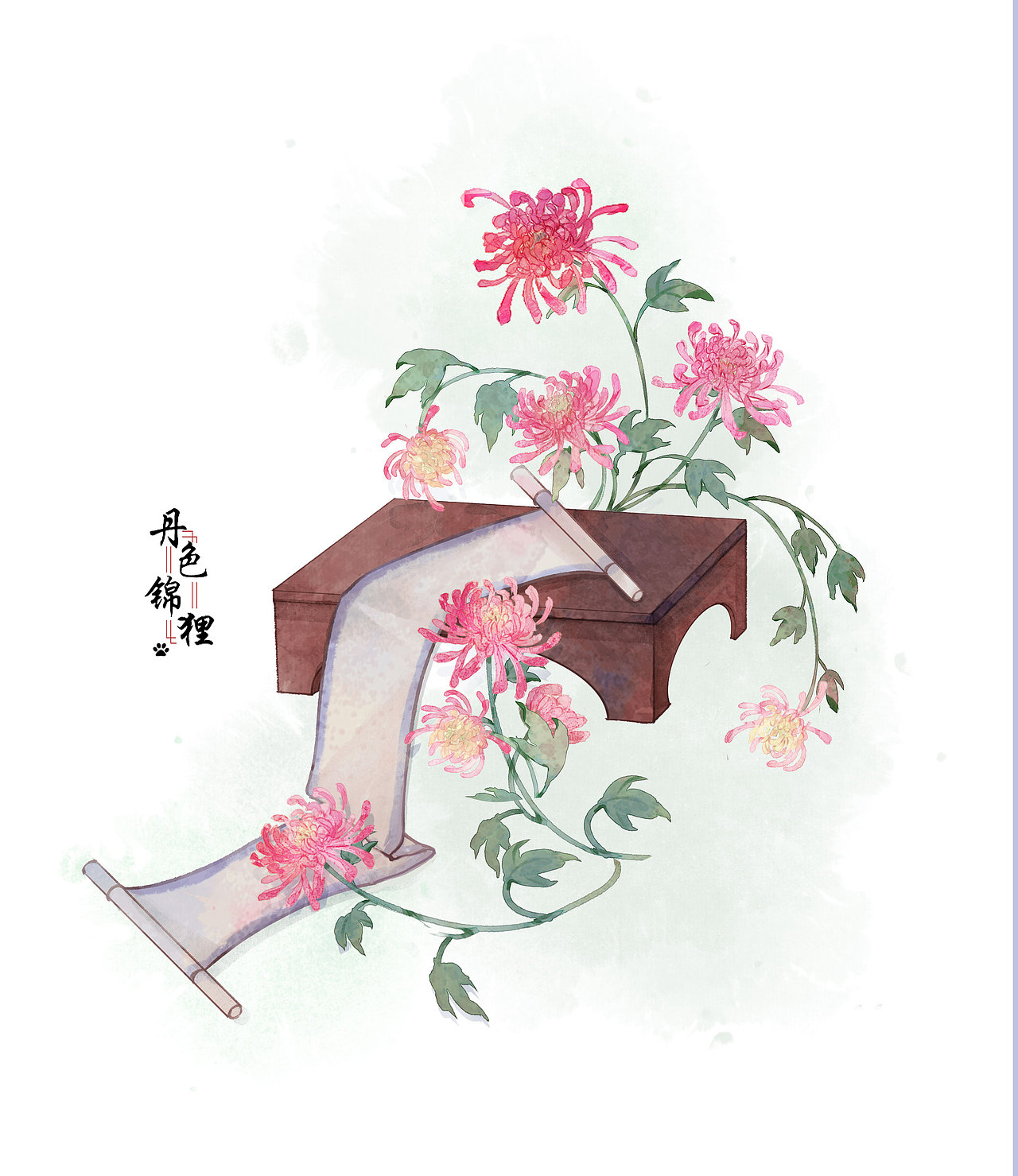 古风水彩花卉小物插画