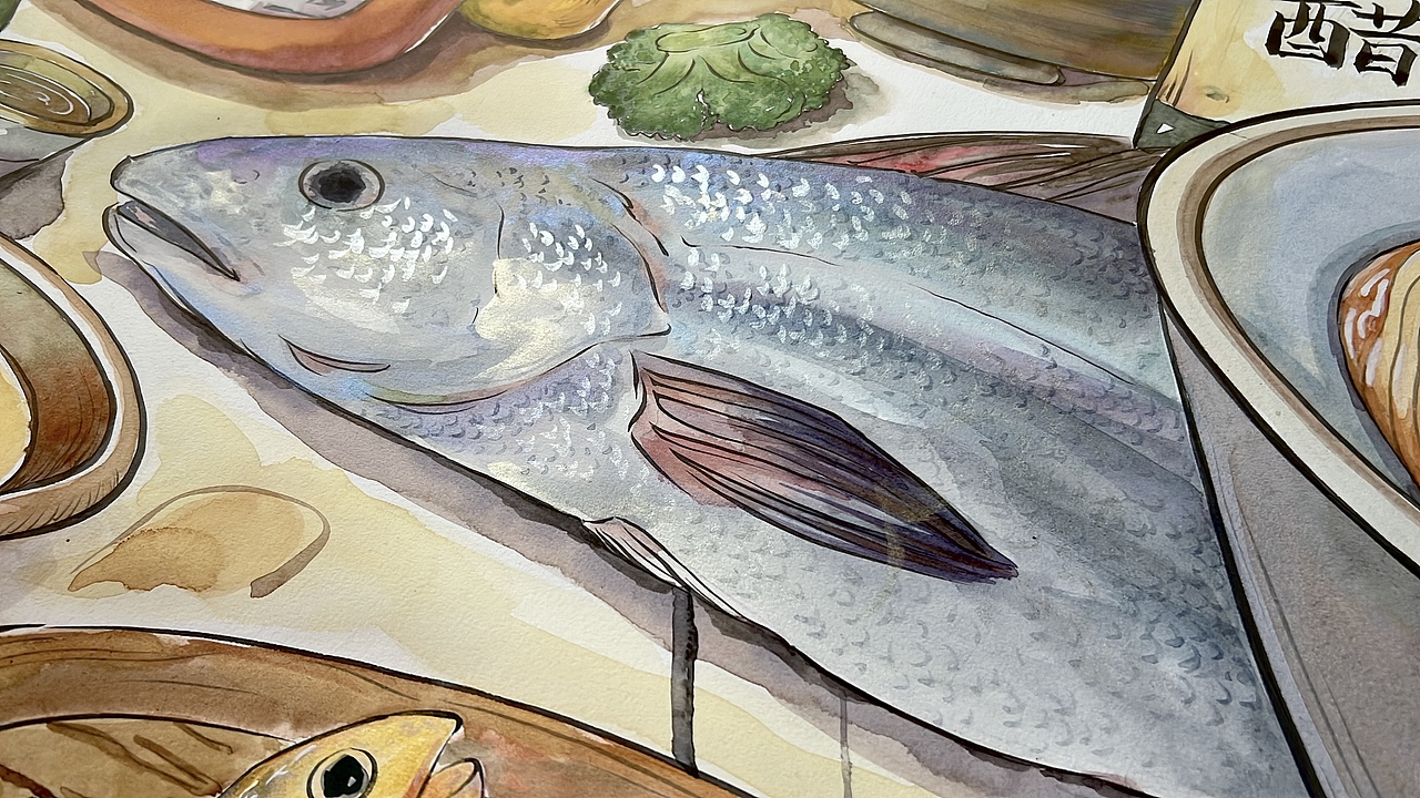 何记面馆非遗传承黄鱼面水彩纯手绘《黄鱼七兄弟》（图ZMzU1NjI5Mzk2） - 商业插画 - 站酷设计师噜猫小画家原创素材 - 站酷ZCOOL