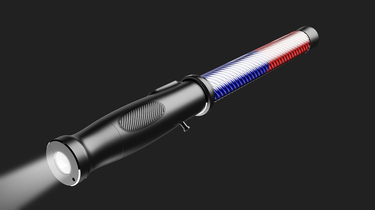 洛可可与汉诺安合作的警示牌设计打破了市面上同类产品的圆形、菱形的轮廓印象,采用圆角矩形作为造型大轮廓,通体使用大圆角边缘处理,给人亲民柔和的观感;把手处采用流线结合渐消面的形式进行过渡与连接,人机尺寸及交互感层层把关,握感舒适。产品本身的丝印内容采用红蓝两色,给人以警示与紧张感,呼应交警这一用户群体的行业属性。