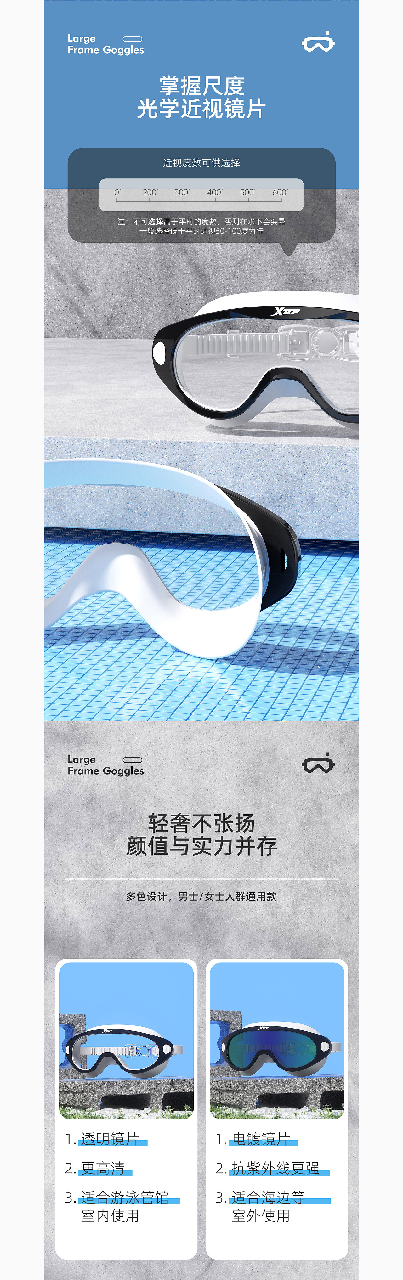 特步成人大框泳镜渲染/详情