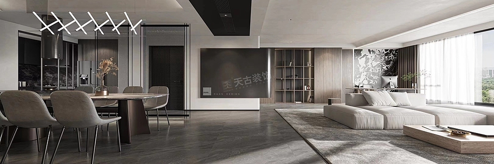 电视背景墙采用大理石与板材相结合的展现形式,简约有层次。
大理石材质的电视背景墙与顶部的原木饰面形成较强的视觉冲击,木色给人以自然,中国风的背景画面清新淡雅,温润有力,沉静中带有一丝柔和。