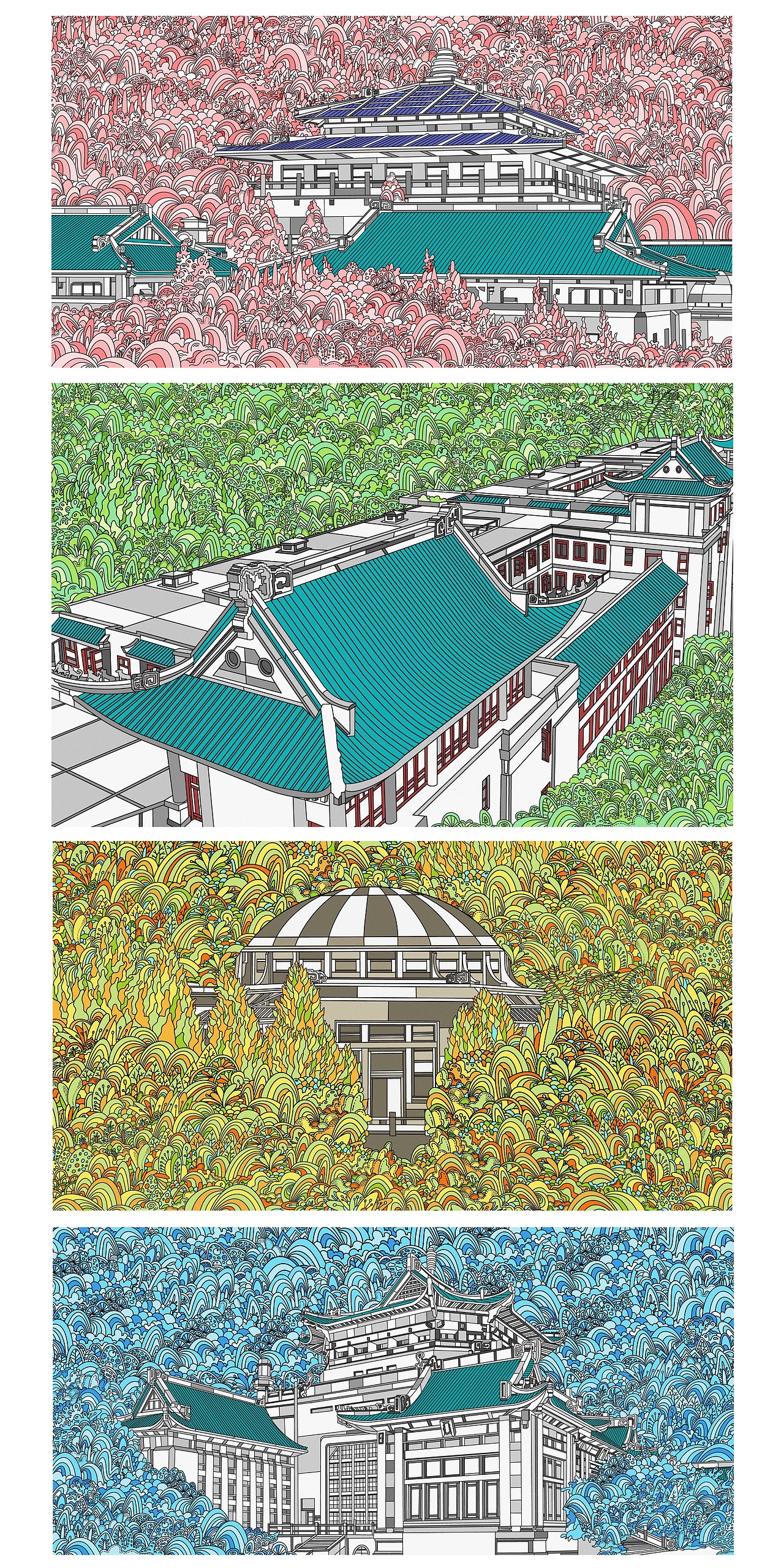 武汉大学插画,130周年生日快乐。