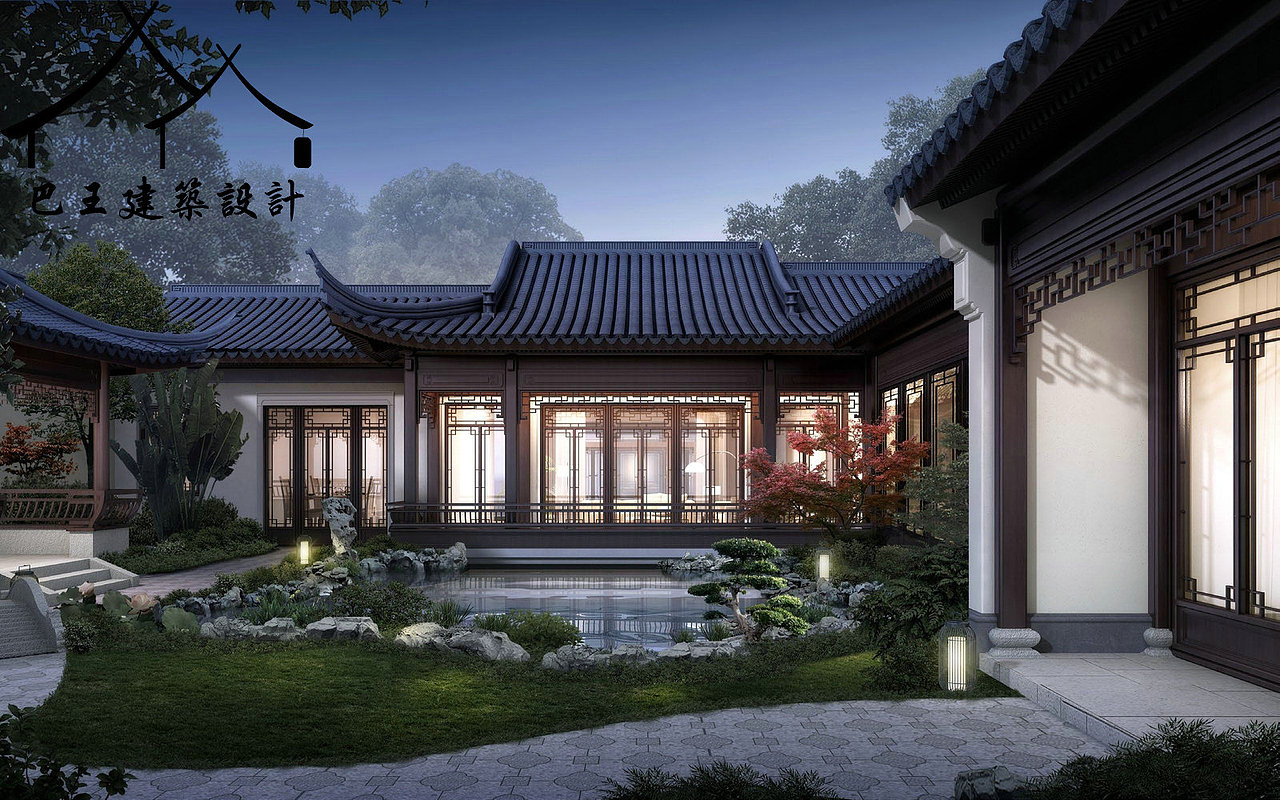 现代四合院别墅  中式四合院庭院