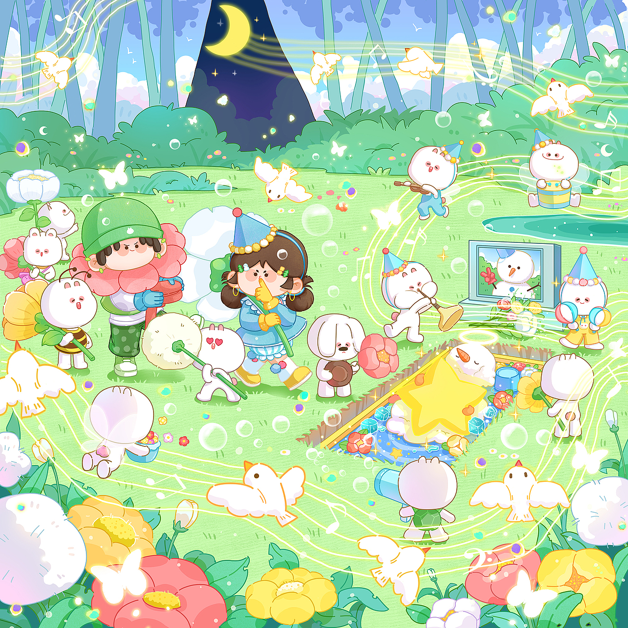 IP兔豆丸系列插画《送与别》