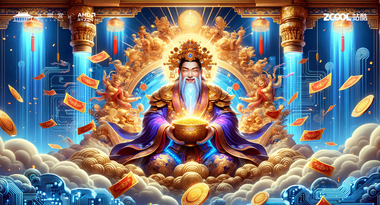 数字仙境：AMD、永乐宫与财神联手AI，共绘科技瑞气！（图ZMzU4NzM5MTAw） - AI作品 - 站酷设计师不耳创意设计原创素材 - 站酷ZCOOL