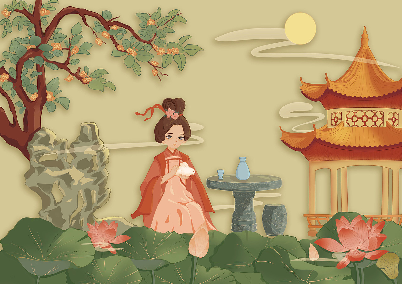 嫦娥抱着玉兔在庭外赏月赏莲赏品酒。