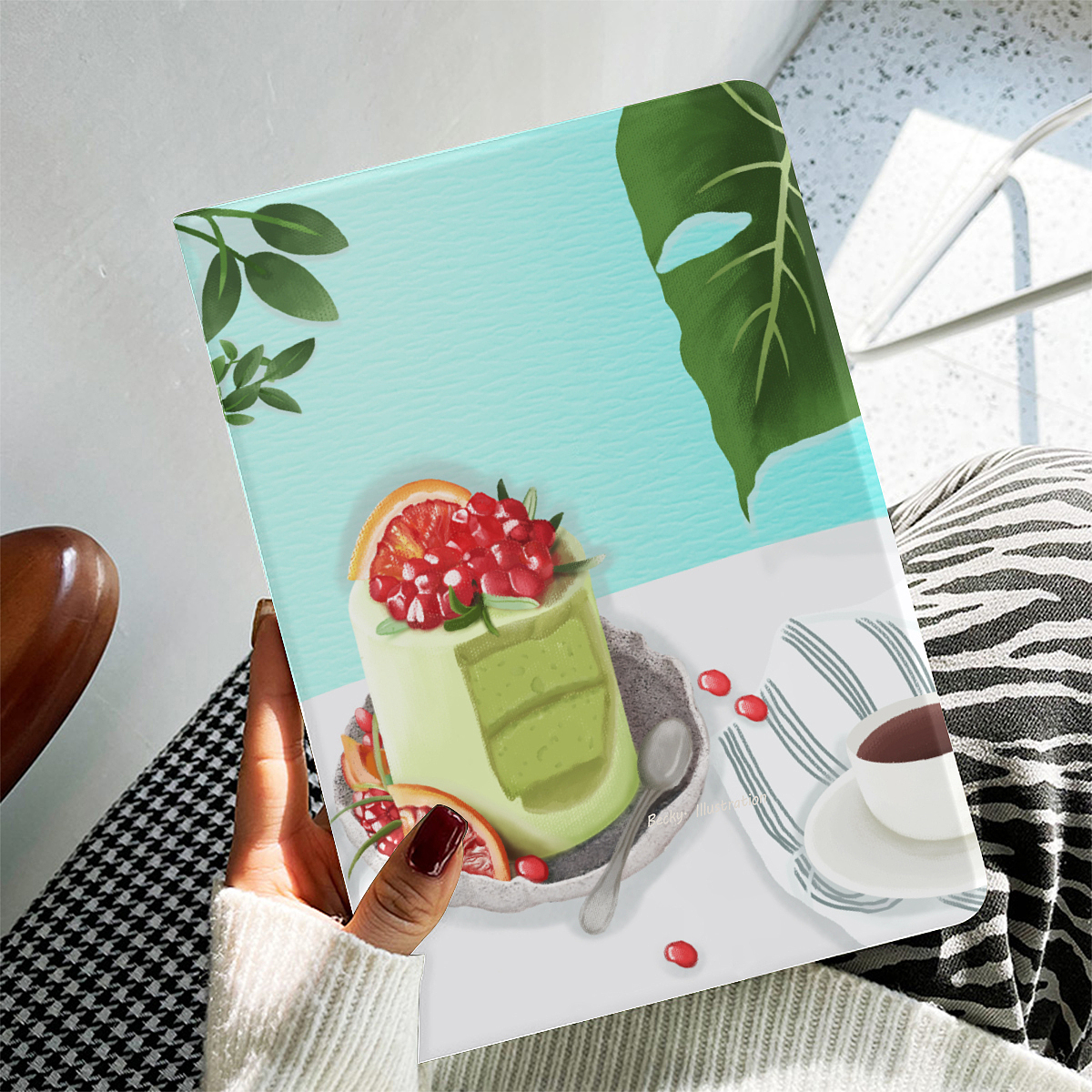 美食插画 | 下午茶石榴抹茶蛋糕插画