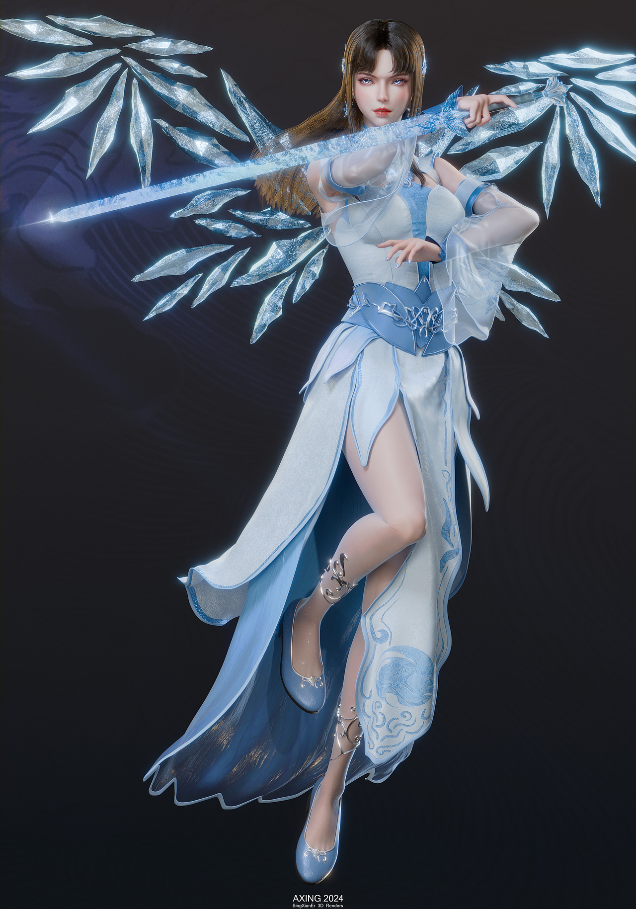 瞳孔泛蓝白气焰，手握之剑凝结为冰刃，斗气幻化为冰翼。