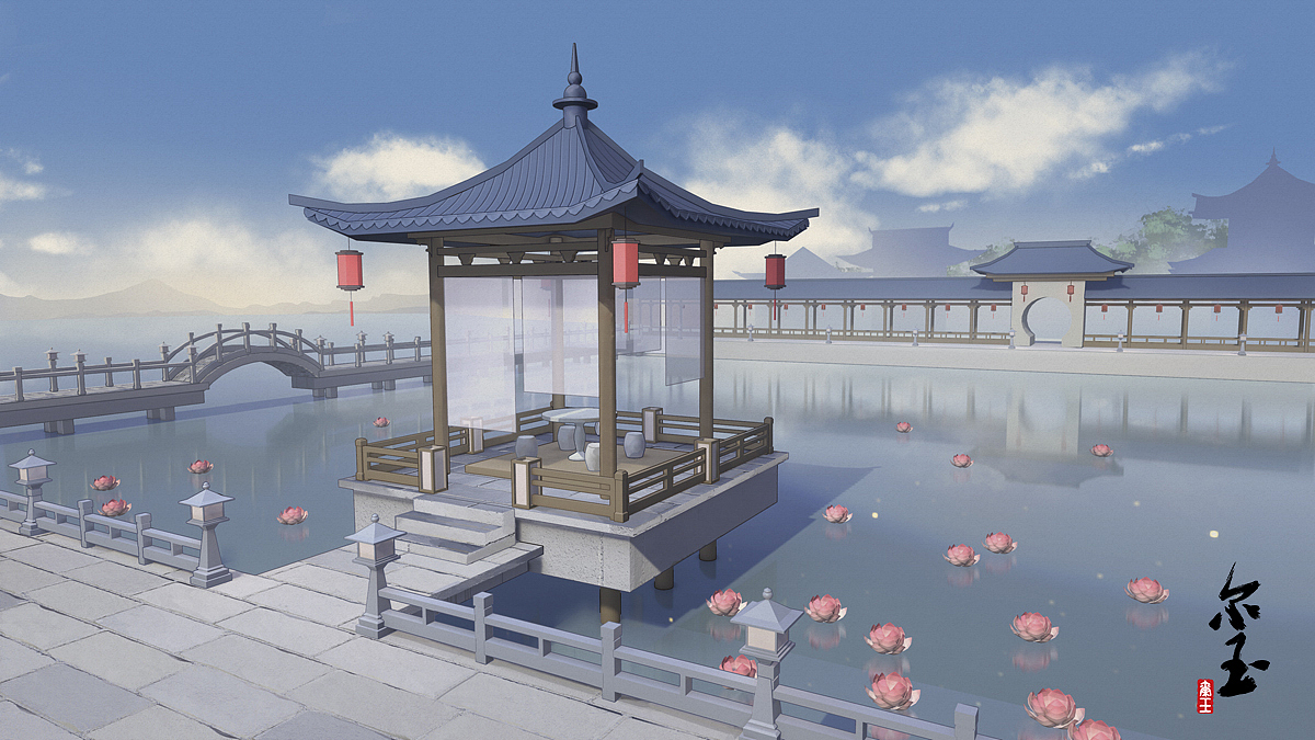 中国风场景插画-凉亭小景(3d辅助绘图)