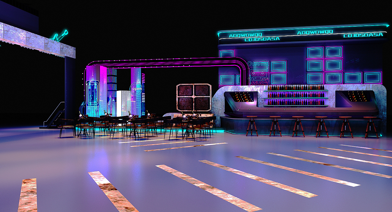 塞班朋克主题失重街区快闪路演设计3D效果图