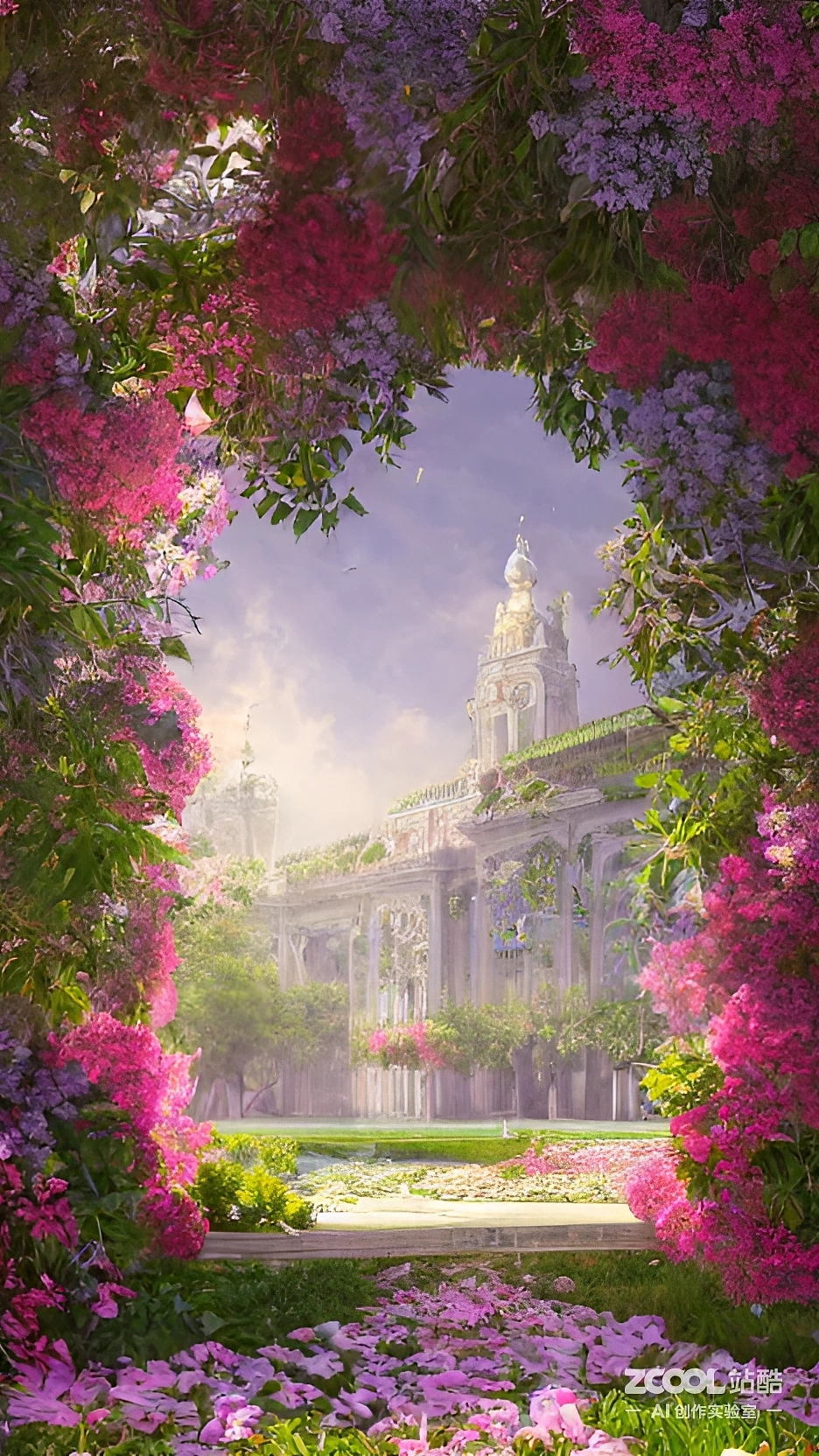 花朵簇拥的宫殿（图ZMzIyMjgxMzIw） - AI作品 - 站酷设计师小ba戏原创素材 - 站酷ZCOOL