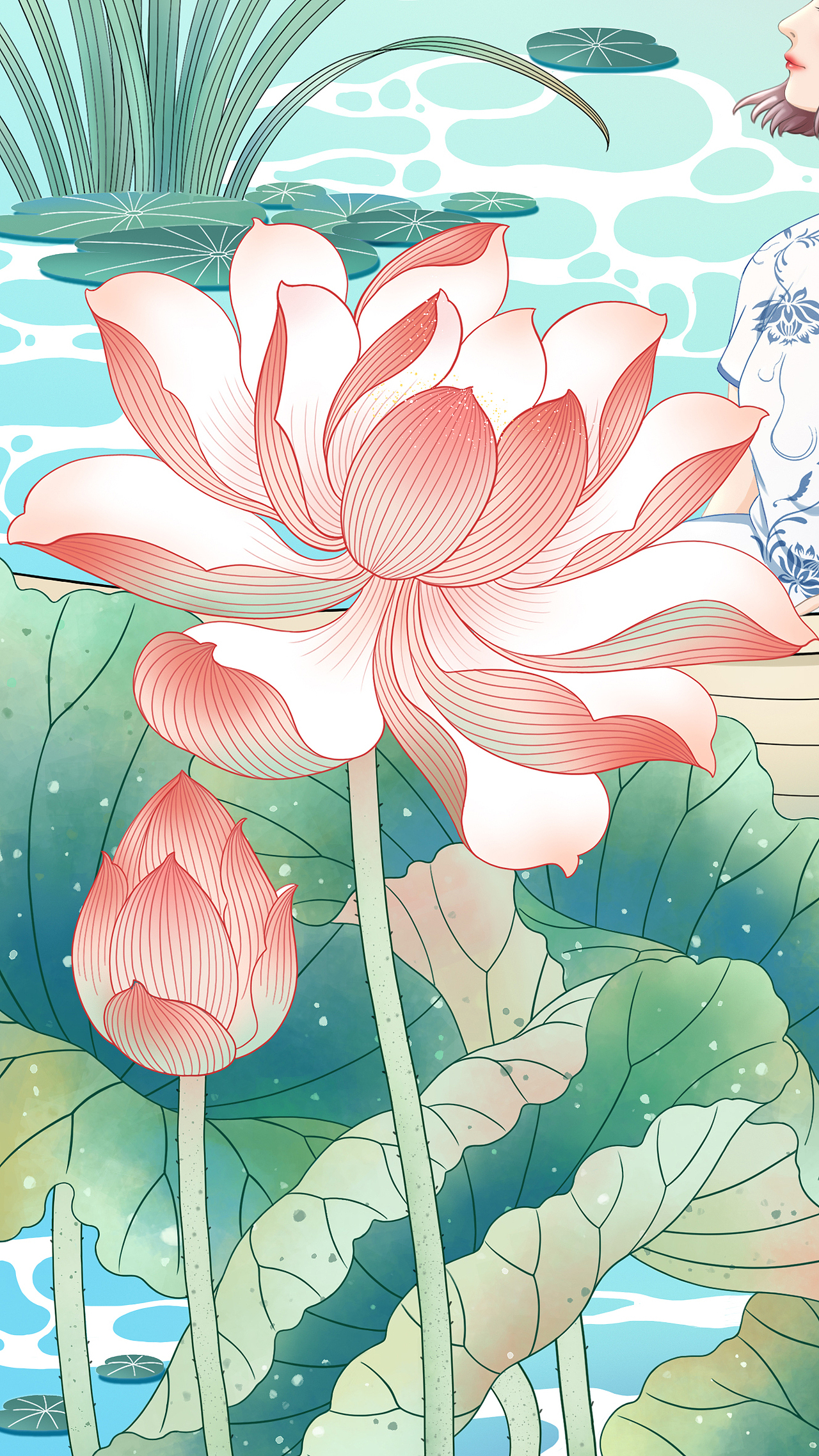 泛舟荷塘的少女