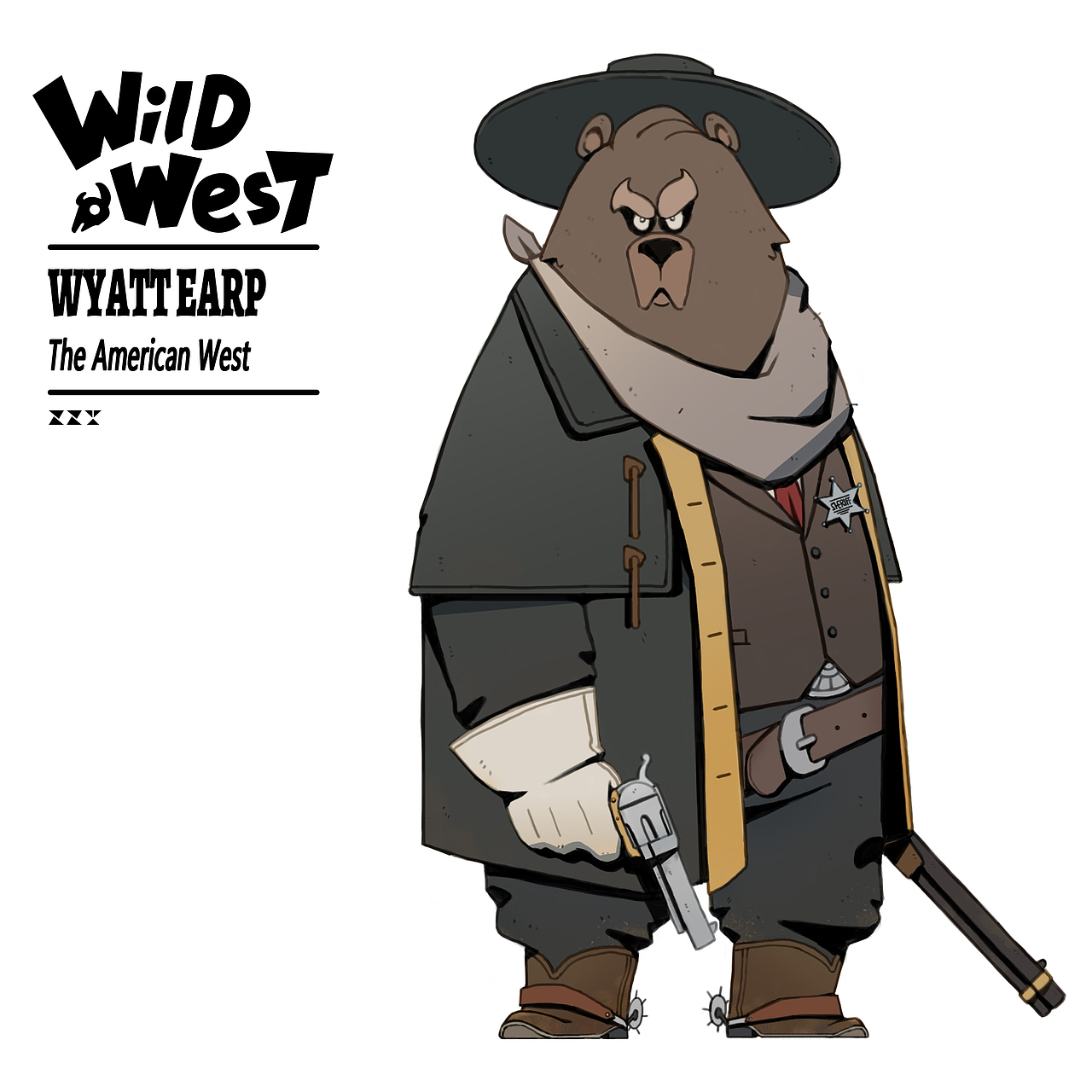 怀亚特·厄普：一位传奇警长，擅长的就是用暴力解决暴力，没记错的话他晚年还成为了一些西部电影的顾问。于是选用了给人感觉破坏力很强的熊，并且穿上《八恶人》里“妈惹法克侠”的戏服