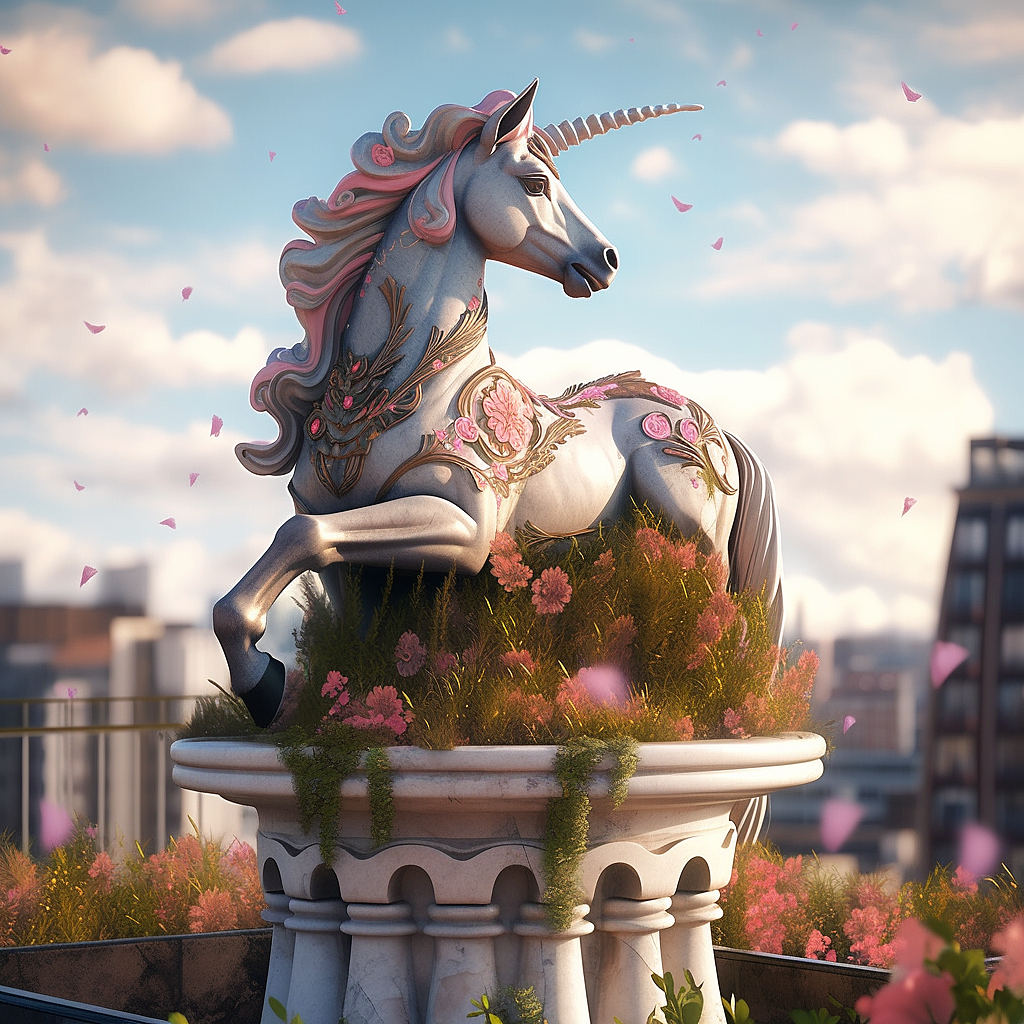 机械独角兽在城市屋顶上的罗可可风格雕像