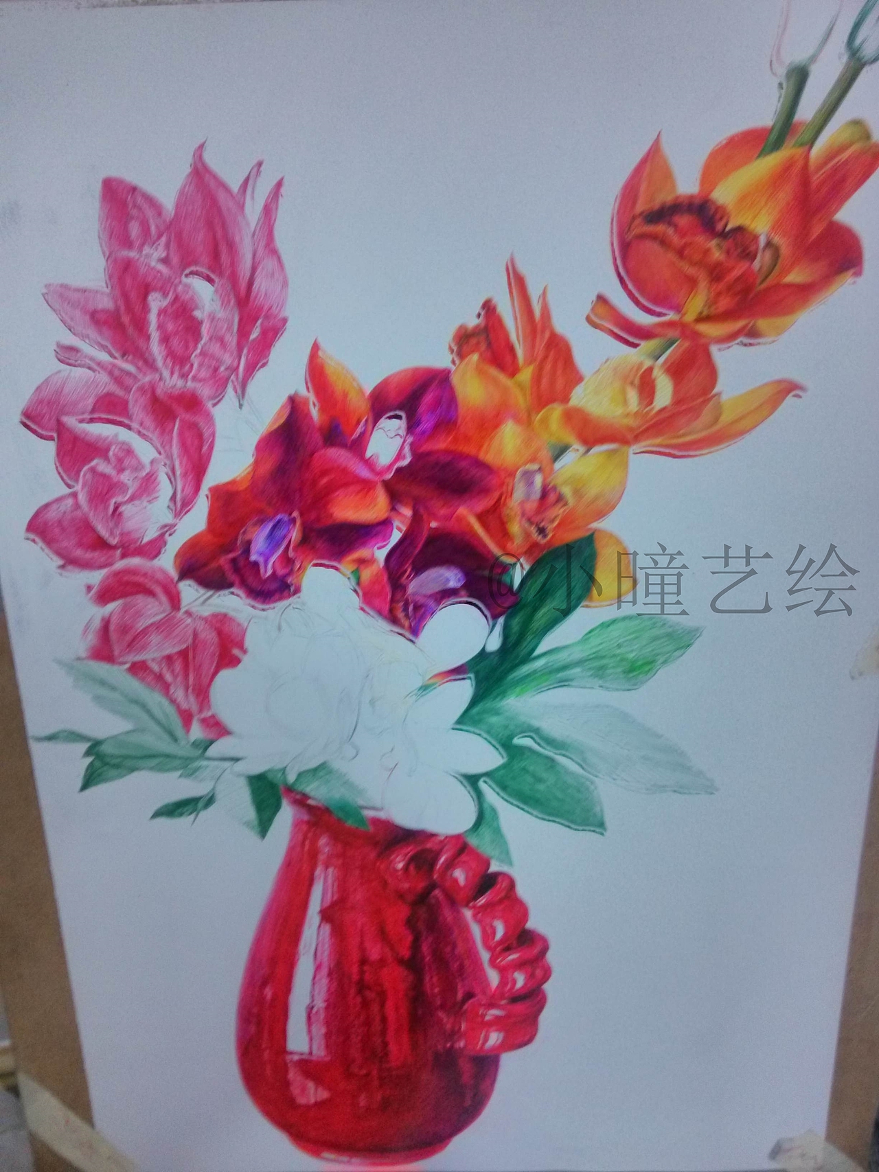 彩色圆珠笔手绘瓶中花（1）——@小曈艺绘
