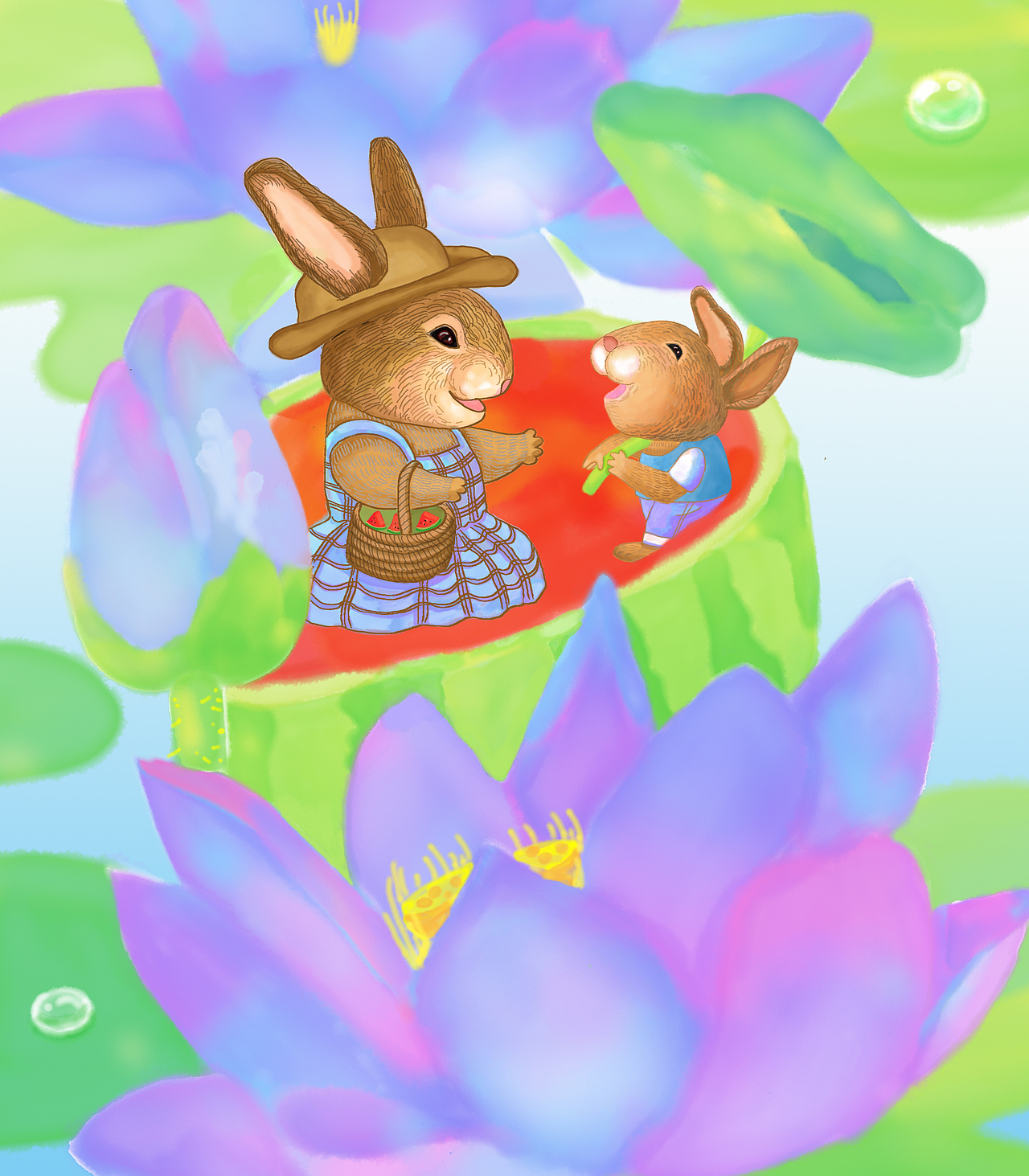 小兔游玩荷花池（图ZMzA2NjEzODQw） - 儿童插画 - 站酷设计师大饼月亮原创素材 - 站酷ZCOOL