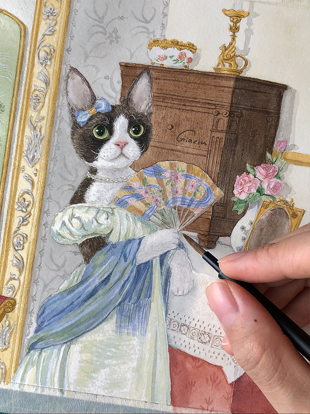 拿扇子的德文，15×15cm