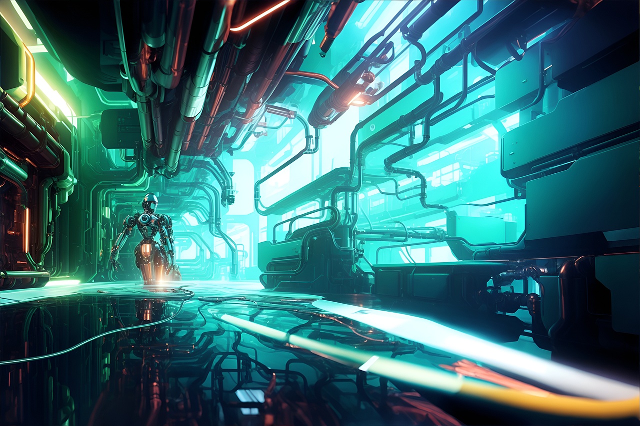 智能机械臂在工厂车间工作的艺术感场景