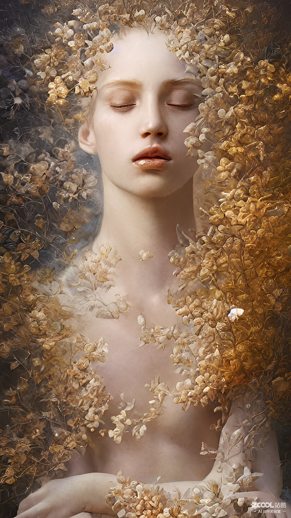 #AI创作实验室#【思考的女人】【蛋白石雕X花道】