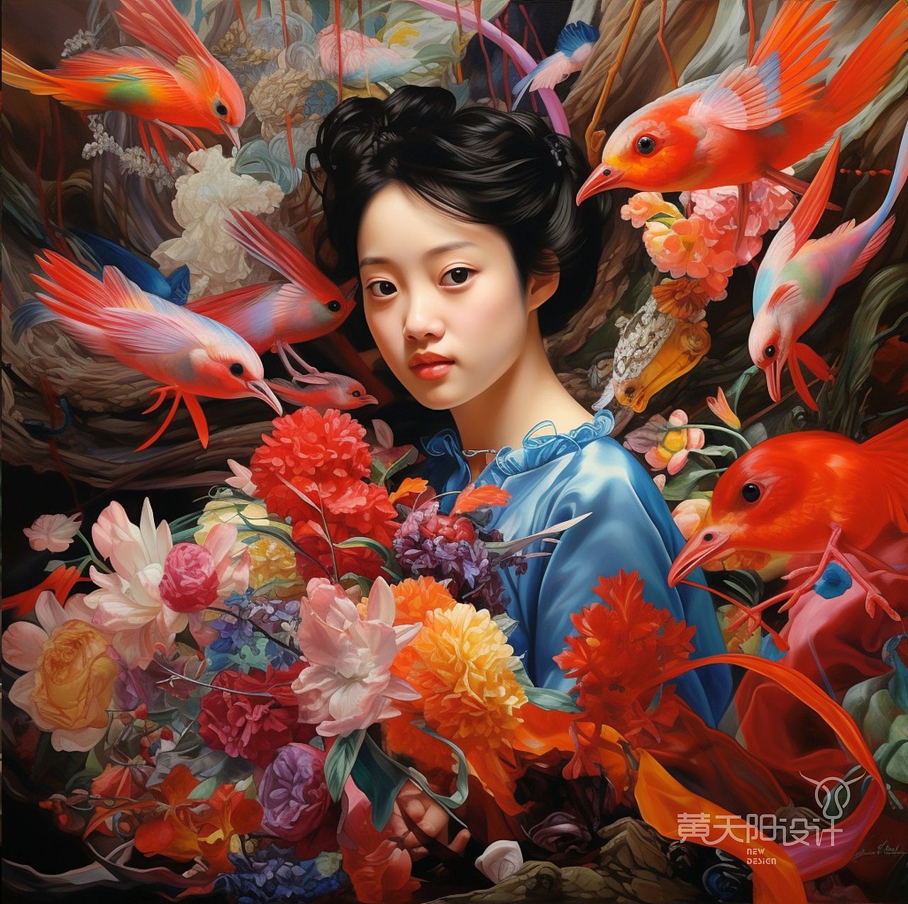 画花花鸟再画一个姑娘（图ZMzU1MTc1Nzg0） - AI作品 - 站酷设计师黄天阳设计原创素材 - 站酷ZCOOL