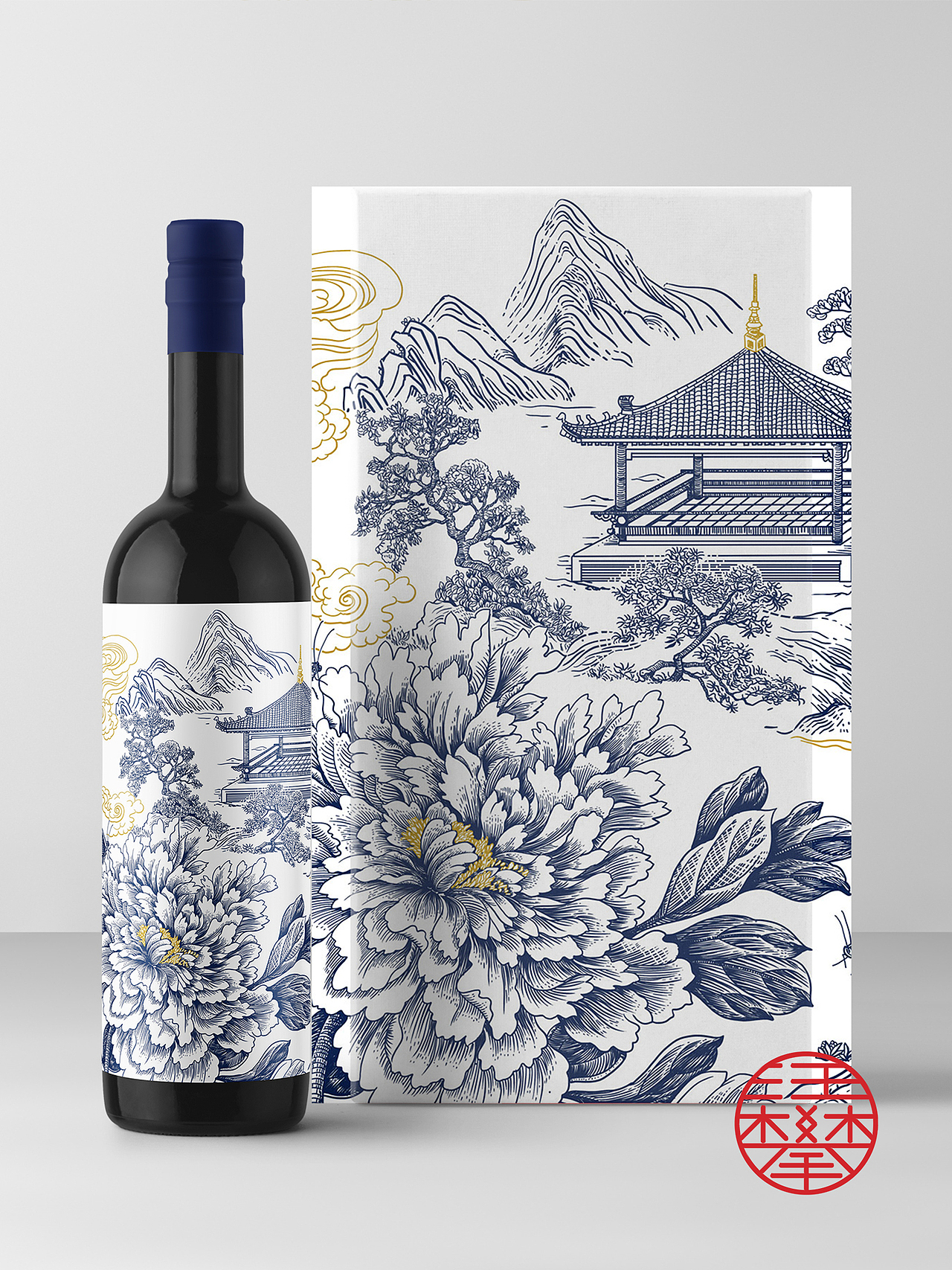 牡丹亭铜版画,牡丹酒,牡丹茶,化妆品包装插画设计