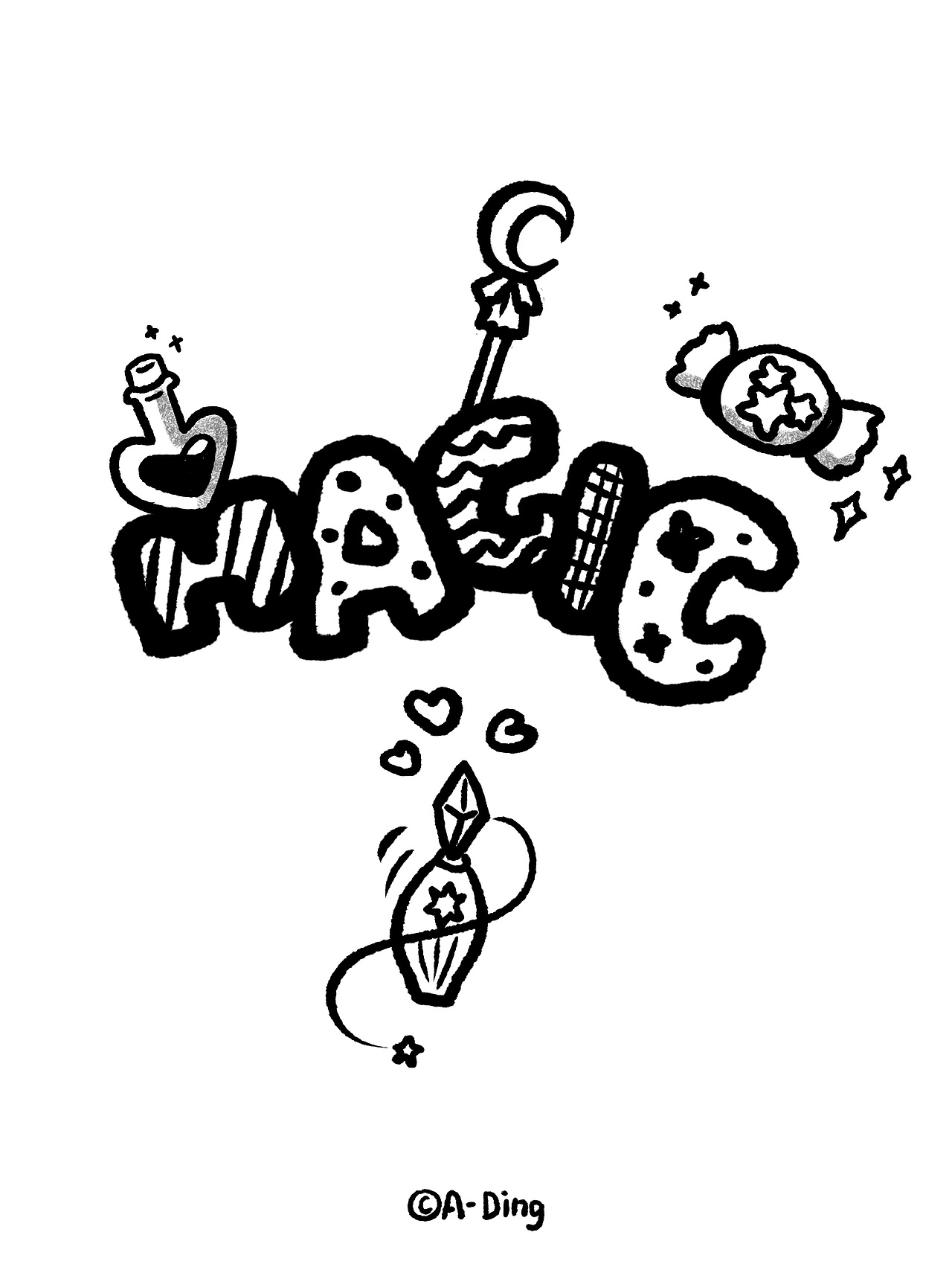 黑白线描手账素材-兔子邦妮的魔法-简笔画可爱兔兔