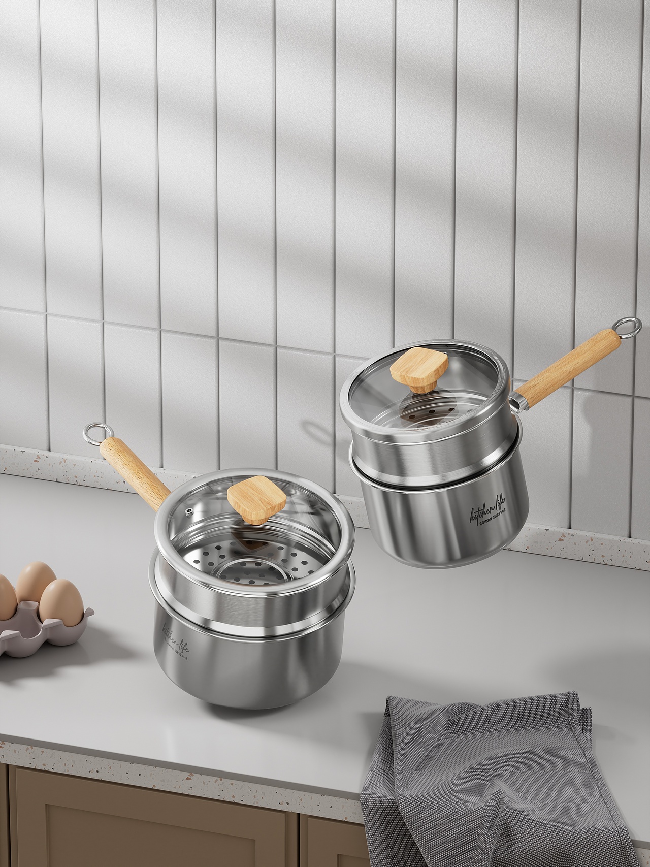 不锈钢蒸锅丨厨具丨3D丨C4D产品渲染 ✖ 德艺电商视觉