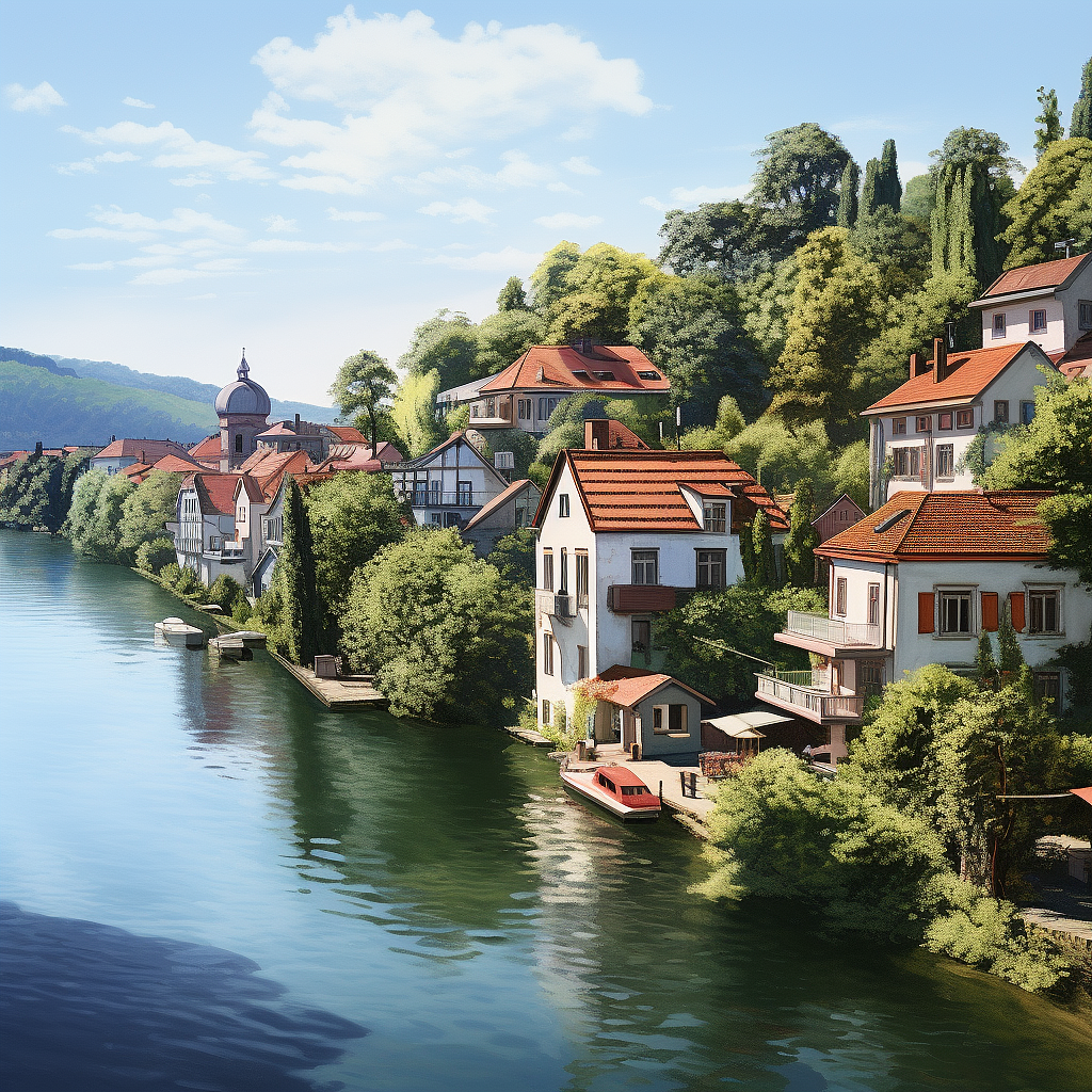 超写实水景河边房屋