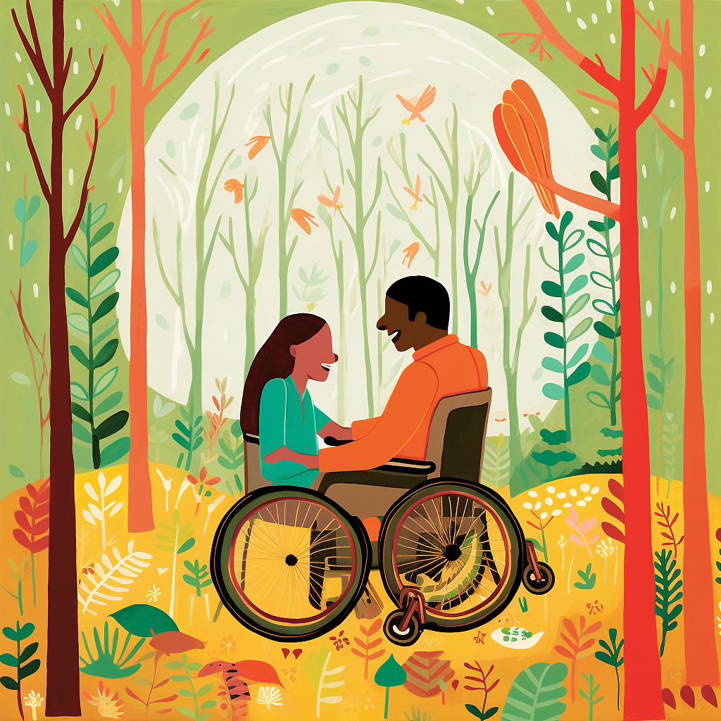 童书风格森林中轮椅情侣