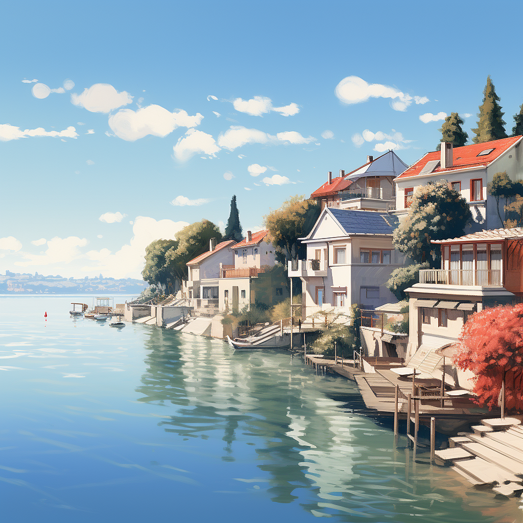 超写实水景河边房屋