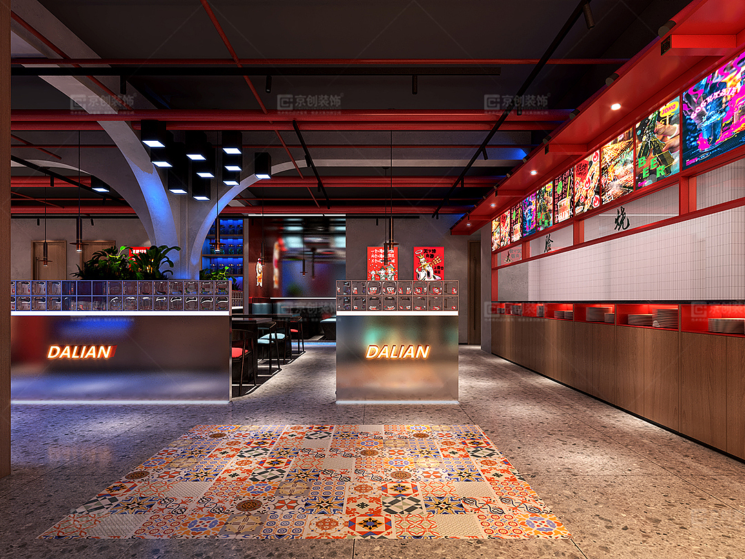 郑州科技感烧烤店设计-赛博朋克风 | 京创装饰作品（图ZMzAyNzExNzI4） - 酒店餐饮设计 - 站酷设计师京创商业空间设计原创素材 - 站酷ZCOOL
