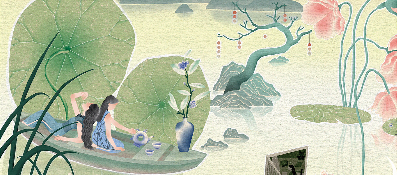 国潮传统插画——《鱼米之乡,山水之间》