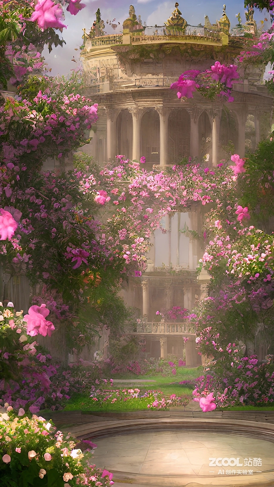 花朵簇拥的宫殿（图ZMzIyMjgxMzEy） - AI作品 - 站酷设计师小ba戏原创素材 - 站酷ZCOOL