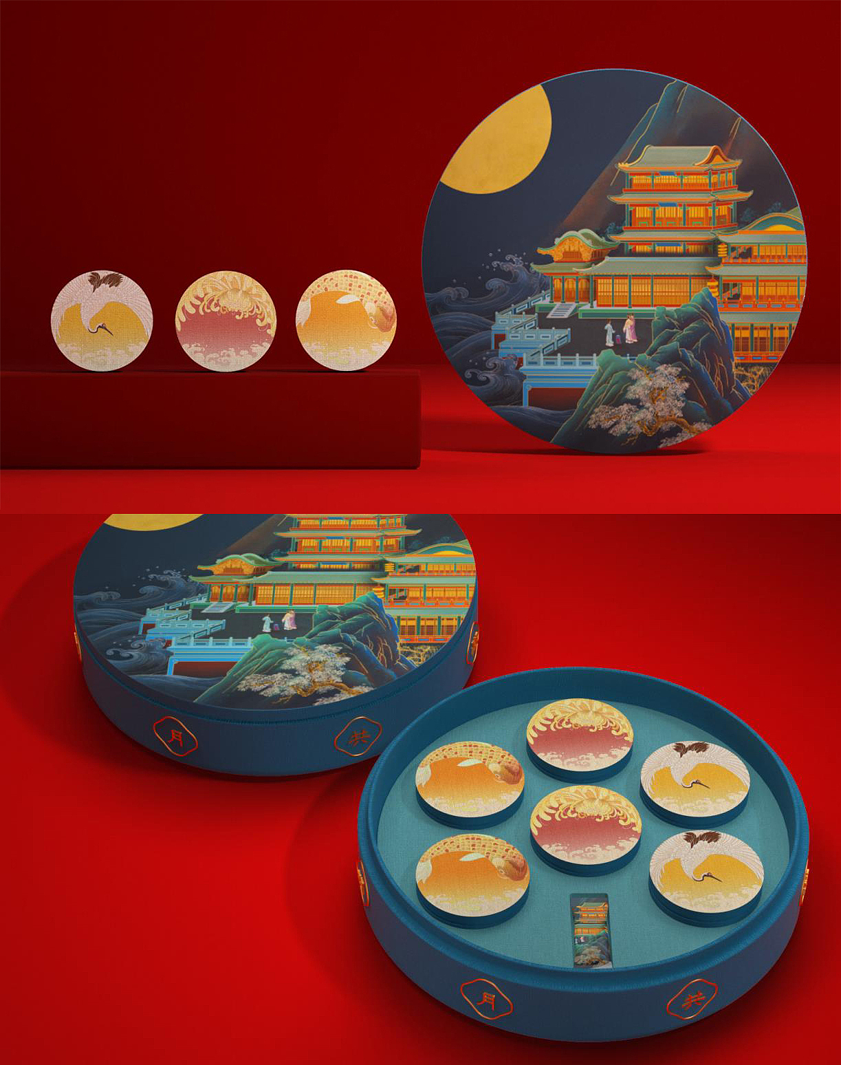 中秋月饼盒包装插画