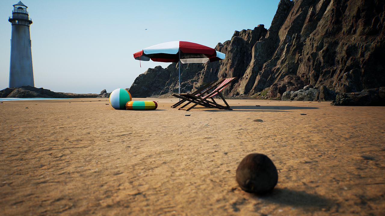 海滩三维场景设计：虚拟线上发布会场景