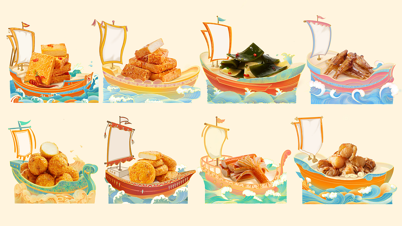 //系列化场景,强化品牌再认能力
品牌策划团队从品牌全新的包装语言出发,打造了系列款渔船主题包装,在货架中自成一派,<br>加剧产品区分度和品牌记忆点,帮助消费者在购买决策中,不断加强品牌再认能力。