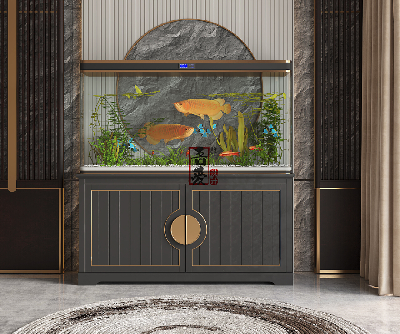 保利罗兰香谷中式客厅鱼缸装修效果图 – 设计本装修效果图