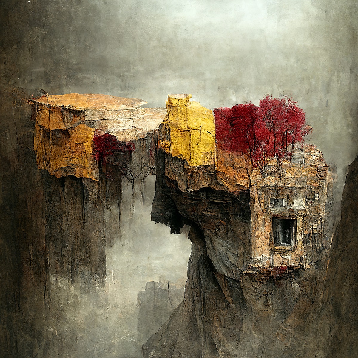红黄蓝-野窗泊涯13# | 2022 | By Beibang
AI引擎: Disco Diffusion | 致敬Zdzisław Beksińsk<br><br><br><br><br><br><br><br>多次拼词造像后,我找到了能破去仿古的那种单薄感,窗与涯的结合一下让山水有了当代性,内容上也有了可读性。断壁悬崖,独窗绝世,既有古人寓情山水的之远,也有今人追求独立价值观的张扬个性。这些窗户楼台的比例明显有些大,破坏了山水之远,有意思的是AI还让有些窗户亮着灯,十足的烟火气,简直是滚滚红尘。一向觉得中国画过于寡欲清高,剥离了人性肉色,让画里少了矛盾和冲突,寓的情过于抽象,所以是刻意在找某种视觉上的冲突,不至于让画面太过静怡冷感。<br><br><br><br><br><br><br>