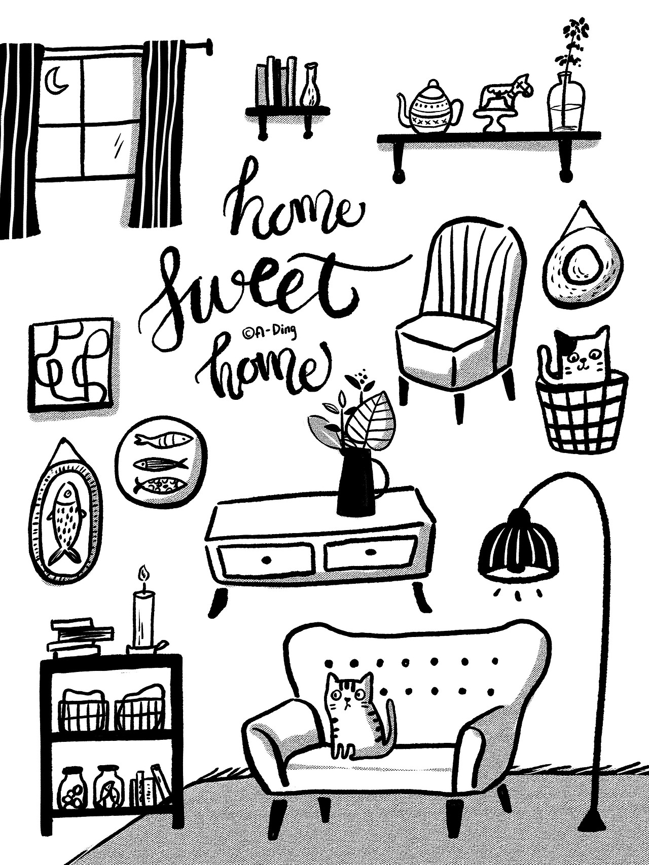 黑白线描手账素材-Sweet Home-简笔画猫咪家具