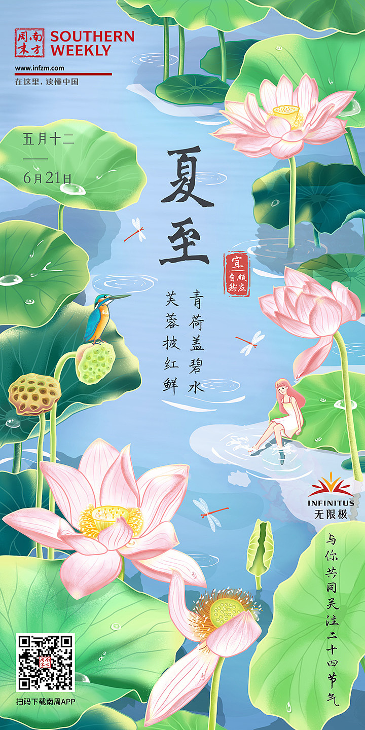 夏至 手绘 节气海报 24节气 荷花 莲蓬 翠鸟
