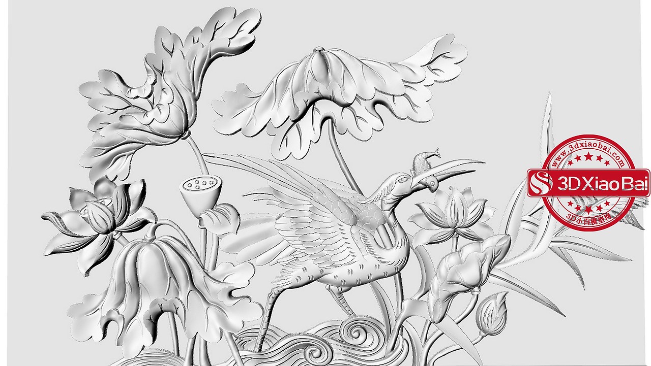 水鸟捕鱼荷花荷叶浮雕工笔画模型