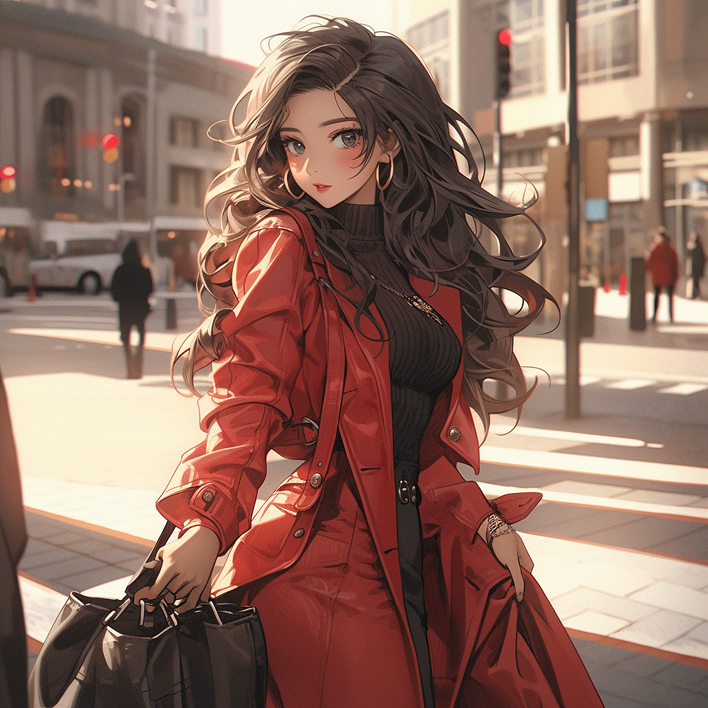 写实风格红色连衣裙女孩夜景街头插画