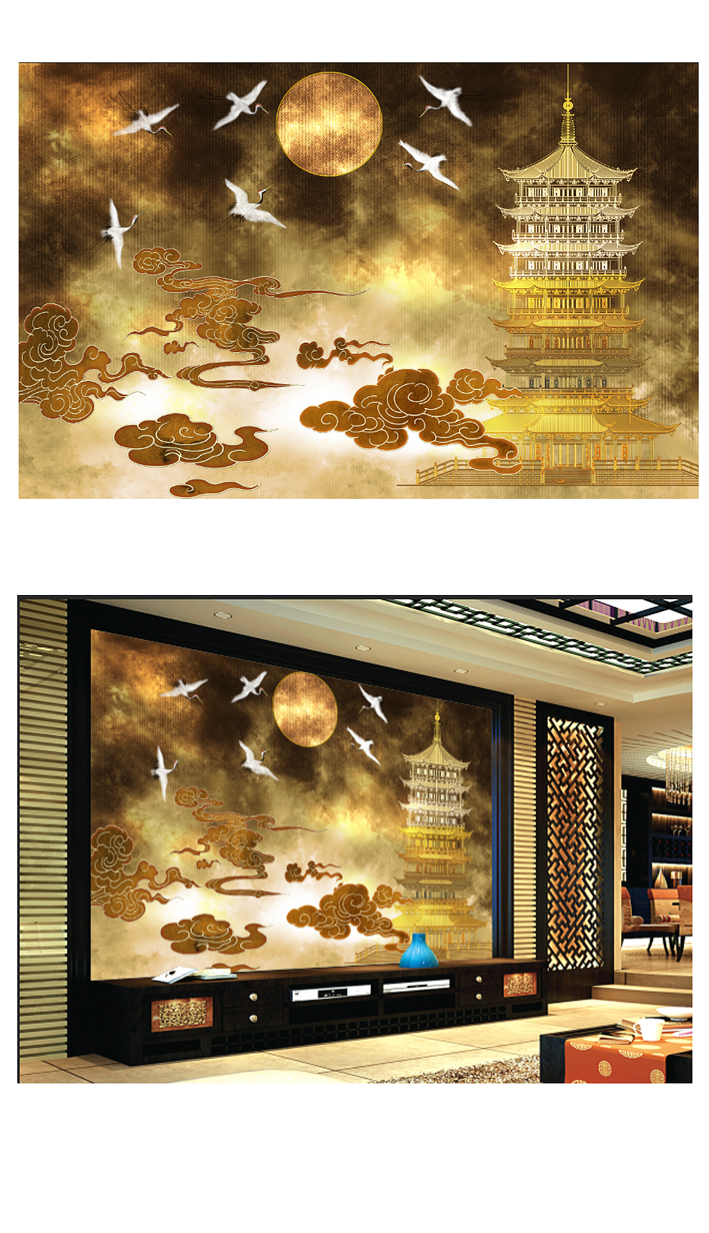 轻奢中式壁画案例分享（图ZMzU5MzE0MDY0） - 家装设计 - 站酷设计师喜之郎1096原创素材 - 站酷ZCOOL