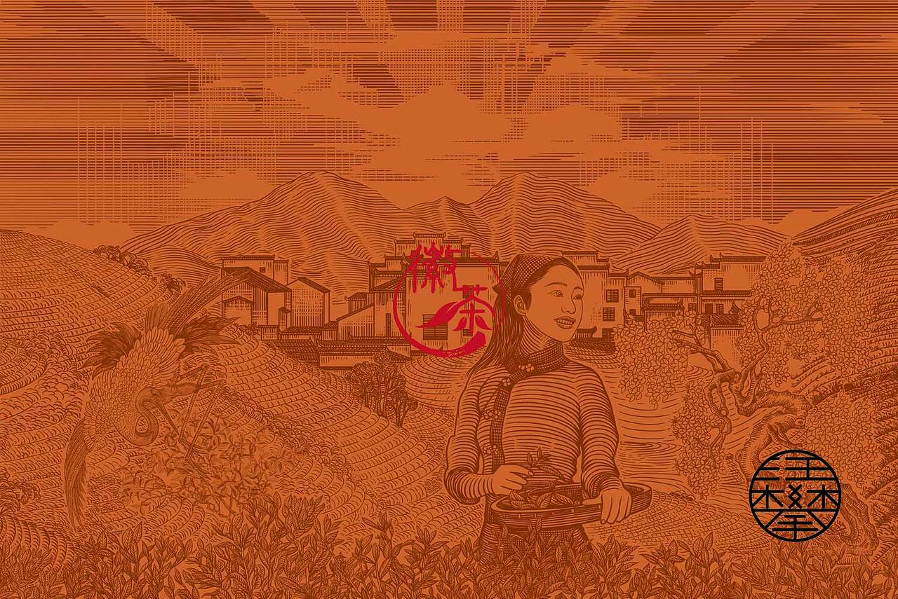 茶叶铜版画风格|徽州茶包装插画|黄山毛峰包装设计
