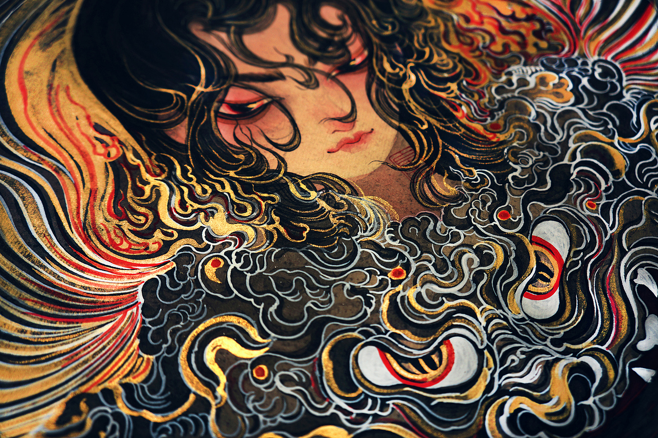 《五尾赤炎狐.竜虎伞道.破势魃.金蚩》白中南颜彩-人川