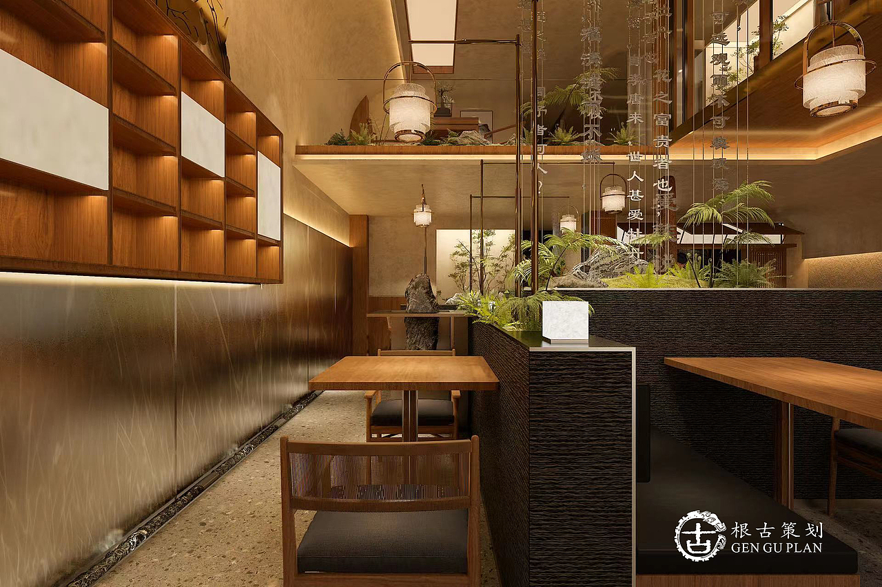 进入室内,视觉聚焦中心的不锈钢【爱莲说】雕刻字造型艺术装置焊在垂直的金属线条上,以流水直落效果呈现,文字被光影投射在绿植造景上,现代材质结合禅意的呈现方式贯穿空间,斑驳浪漫,诗意人生。
<br>“苔痕上阶绿,草色入帘青”,绿植拥有生蓬勃向上的生命力,庭院,路灯,天井,重塑诠释新中式禅意美学。